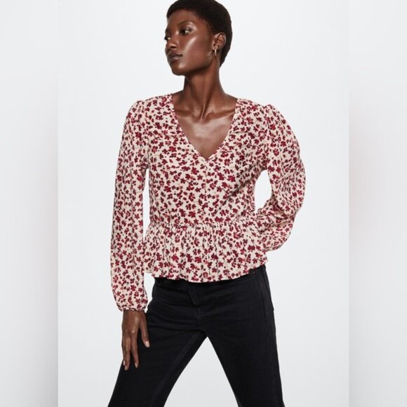 NWT MANGO PRINTED PLEATED V neck floral  BLOUSE - Picture 1 of 16